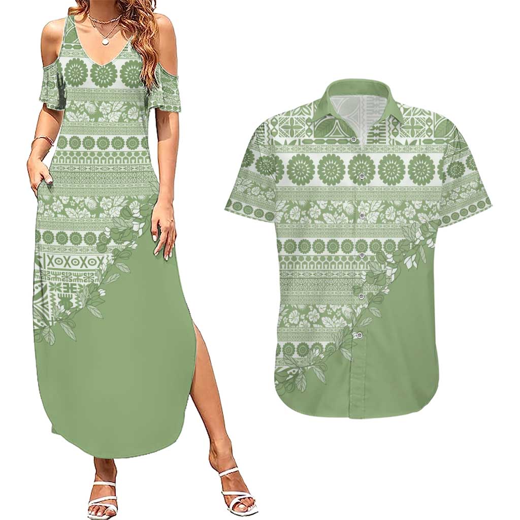 Fiji Marau na Kerisimasi Couples Matching Summer Maxi Dress and Hawaiian Shirt Sage Green Tagimoucia Tapa Masi Tribal - Polynesian Pride