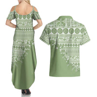Fiji Marau na Kerisimasi Couples Matching Summer Maxi Dress and Hawaiian Shirt Sage Green Tagimoucia Tapa Masi Tribal - Polynesian Pride