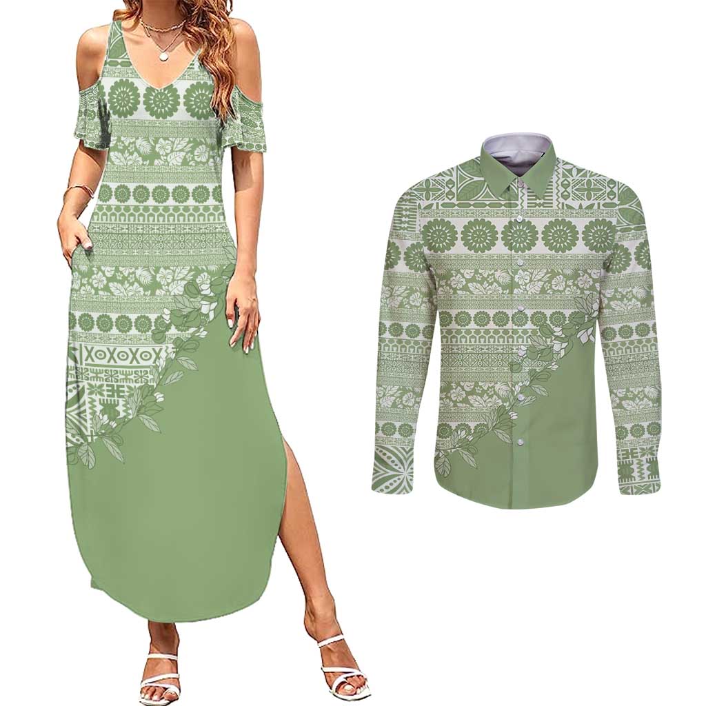 Fiji Marau na Kerisimasi Couples Matching Summer Maxi Dress and Long Sleeve Button Shirt Sage Green Tagimoucia Tapa Masi Tribal - Polynesian Pride