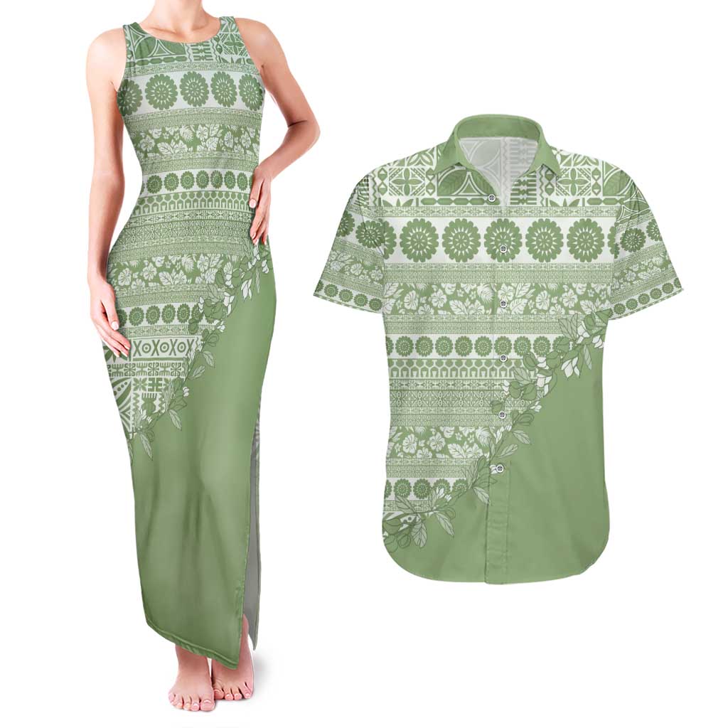 Fiji Marau na Kerisimasi Couples Matching Tank Maxi Dress and Hawaiian Shirt Sage Green Tagimoucia Tapa Masi Tribal - Polynesian Pride