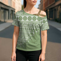 Fiji Marau na Kerisimasi Cross Shoulder Shirt Sage Green Tagimoucia Tapa Masi Tribal - Polynesian Pride
