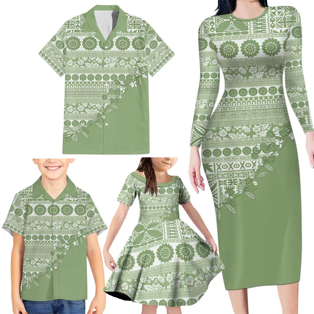 Fiji Marau na Kerisimasi Family Matching Long Sleeve Bodycon Dress and Hawaiian Shirt Sage Green Tagimoucia Tapa Masi Tribal - Polynesian Pride