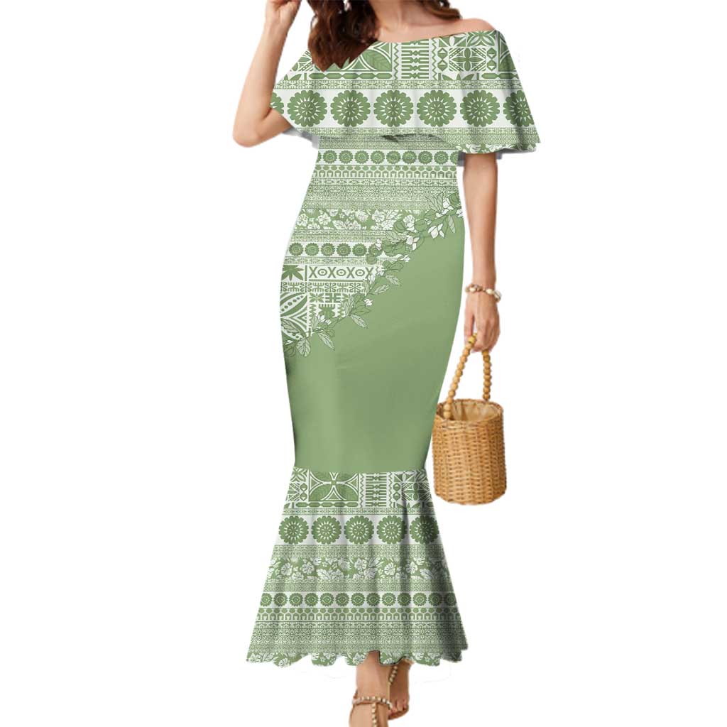 Fiji Marau na Kerisimasi Family Matching Mermaid Dress and Hawaiian Shirt Sage Green Tagimoucia Tapa Masi Tribal - Polynesian Pride