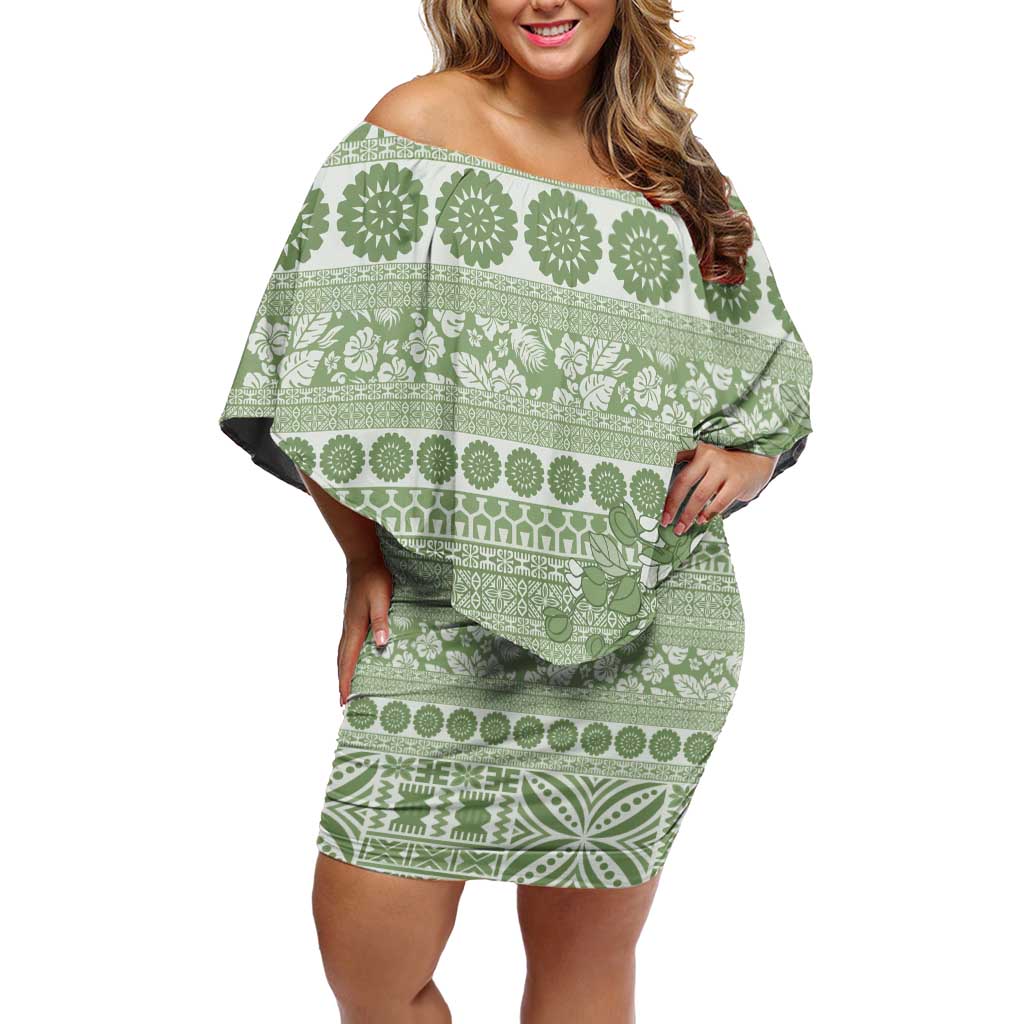 Fiji Marau na Kerisimasi Family Matching Off Shoulder Short Dress and Hawaiian Shirt Sage Green Tagimoucia Tapa Masi Tribal - Polynesian Pride