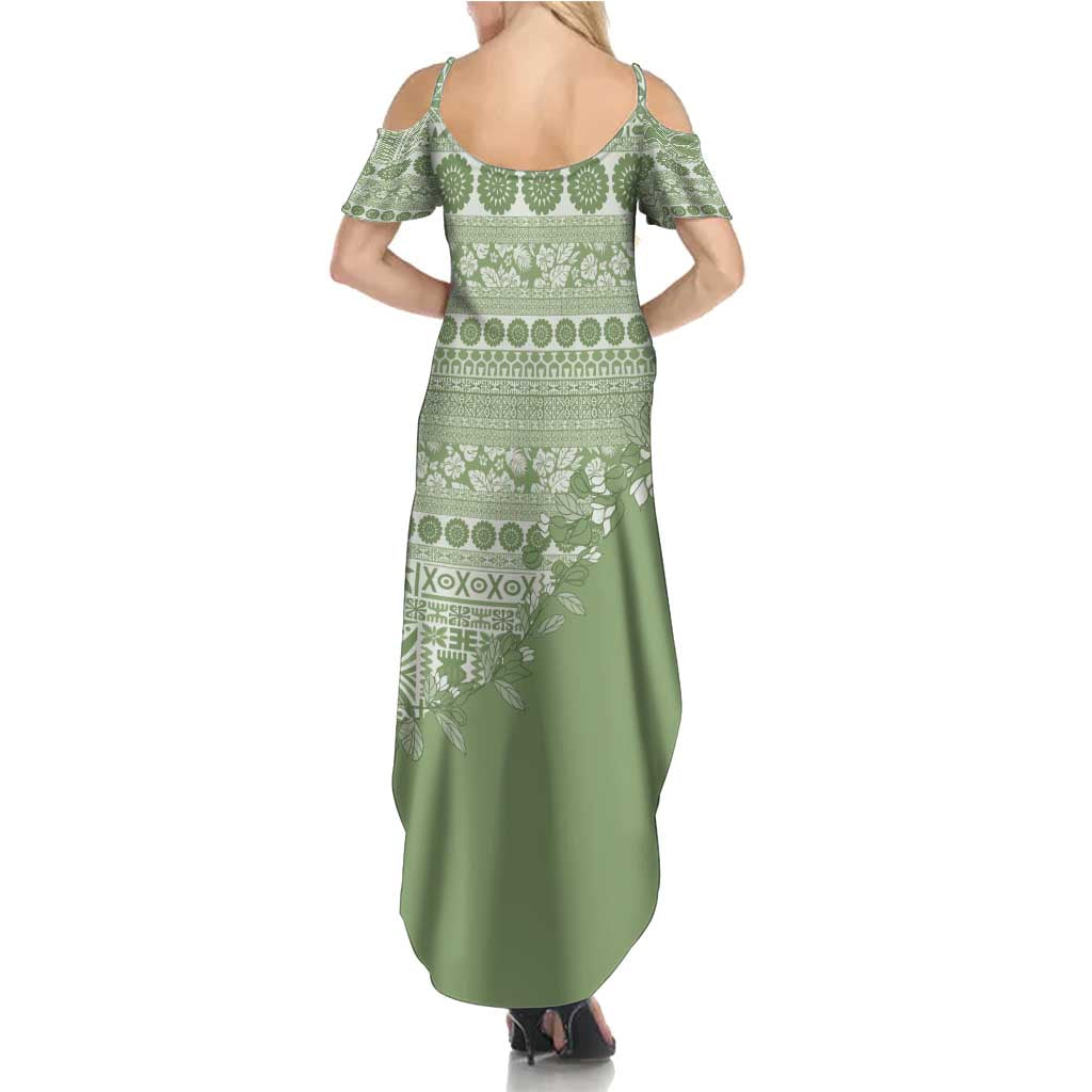 Fiji Marau na Kerisimasi Family Matching Summer Maxi Dress and Hawaiian Shirt Sage Green Tagimoucia Tapa Masi Tribal - Polynesian Pride