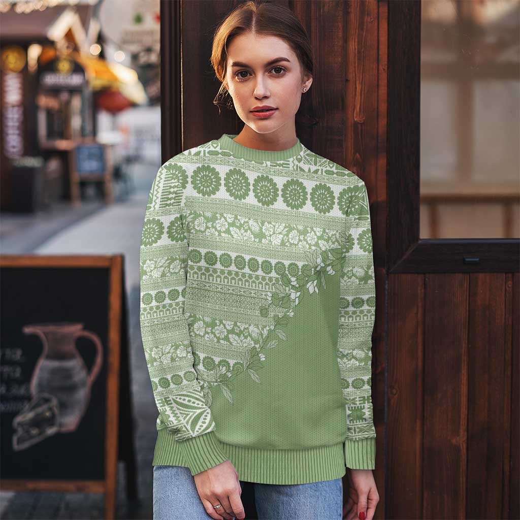 Fiji Marau na Kerisimasi Ugly Christmas Sweater Sage Green Tagimoucia Tapa Masi Tribal - Polynesian Pride