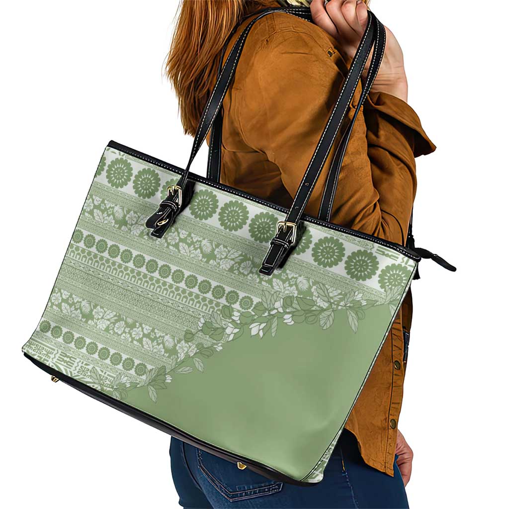 Fiji Marau na Kerisimasi Leather Tote Bag Sage Green Tagimoucia Tapa Masi Tribal - Polynesian Pride