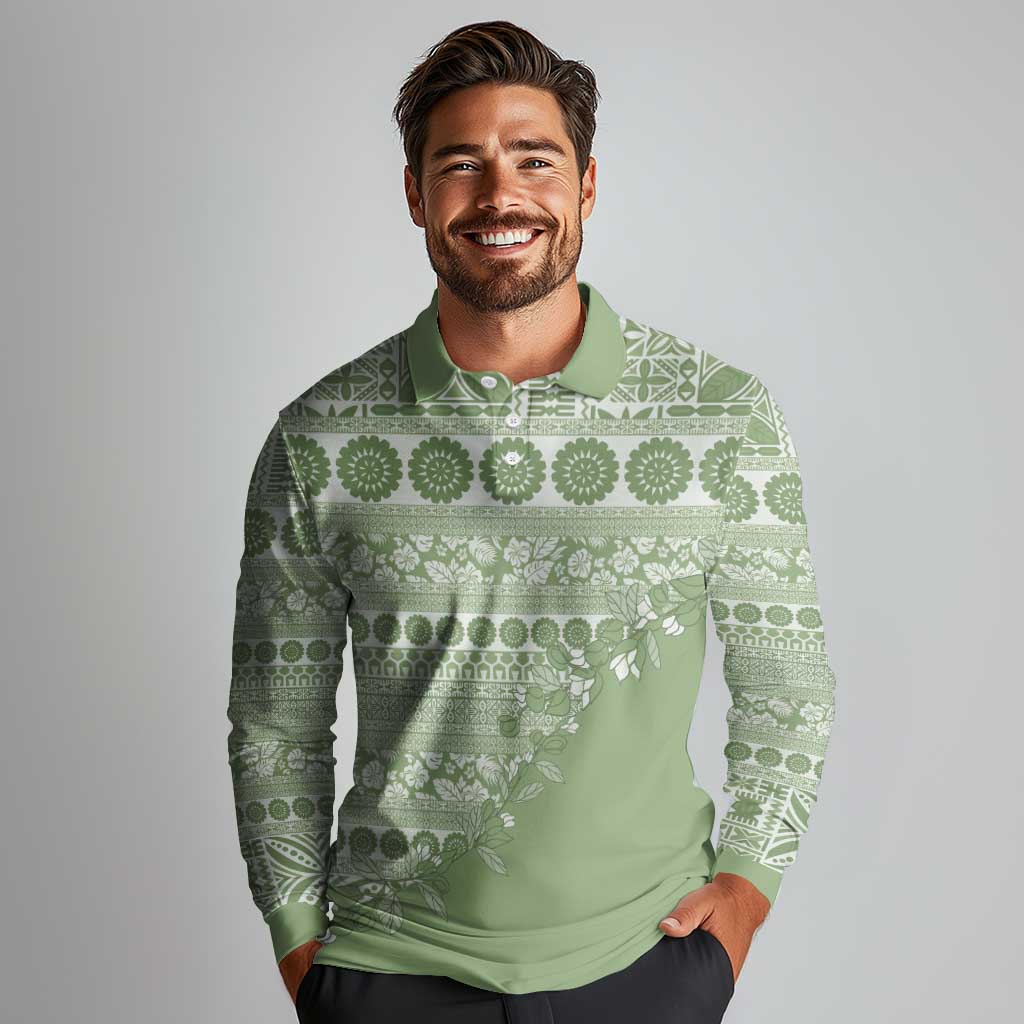 Fiji Marau na Kerisimasi Long Sleeve Polo Shirt Sage Green Tagimoucia Tapa Masi Tribal - Polynesian Pride