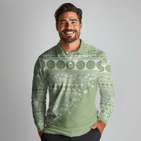 Fiji Marau na Kerisimasi Long Sleeve Polo Shirt Sage Green Tagimoucia Tapa Masi Tribal - Polynesian Pride