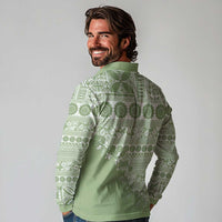 Fiji Marau na Kerisimasi Long Sleeve Polo Shirt Sage Green Tagimoucia Tapa Masi Tribal - Polynesian Pride