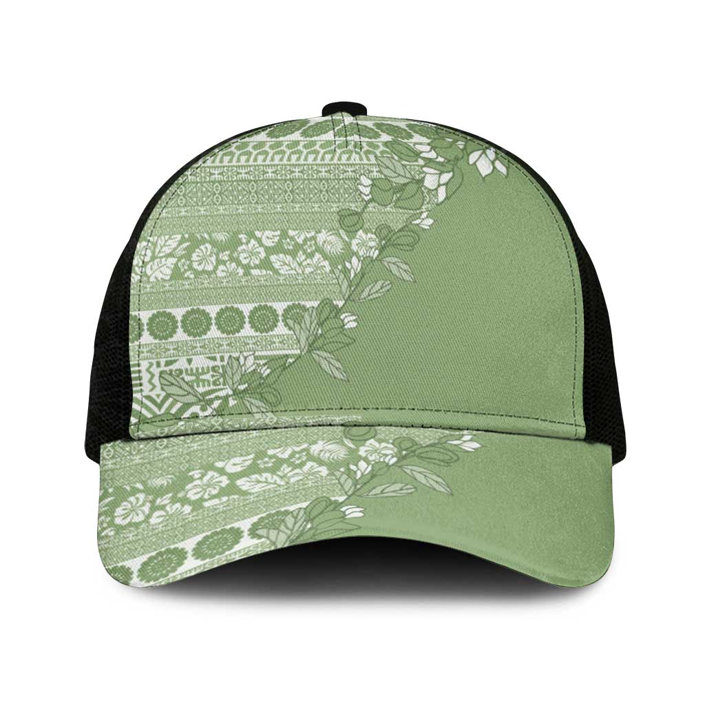 Fiji Marau na Kerisimasi Mesh Trucker Cap Sage Green Tagimoucia Tapa Masi Tribal - Polynesian Pride