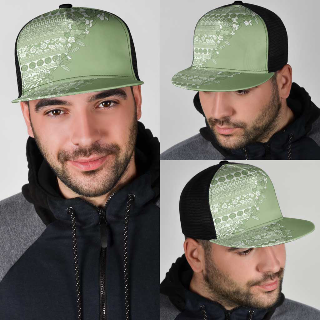 Fiji Marau na Kerisimasi Mesh Trucker Cap Sage Green Tagimoucia Tapa Masi Tribal - Polynesian Pride