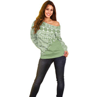 Fiji Marau na Kerisimasi Off Shoulder Sweater Sage Green Tagimoucia Tapa Masi Tribal - Polynesian Pride