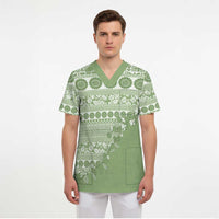 Fiji Marau na Kerisimasi Scrub Top Sage Green Tagimoucia Tapa Masi Tribal - Polynesian Pride