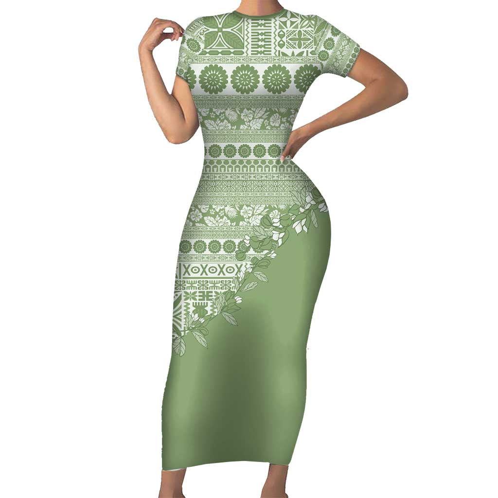 Fiji Marau na Kerisimasi Short Sleeve Bodycon Dress Sage Green Tagimoucia Tapa Masi Tribal - Polynesian Pride