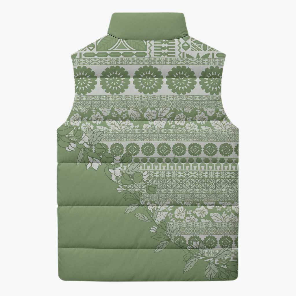 Fiji Marau na Kerisimasi Sleeveless Puffer Jacket Sage Green Tagimoucia Tapa Masi Tribal - Polynesian Pride