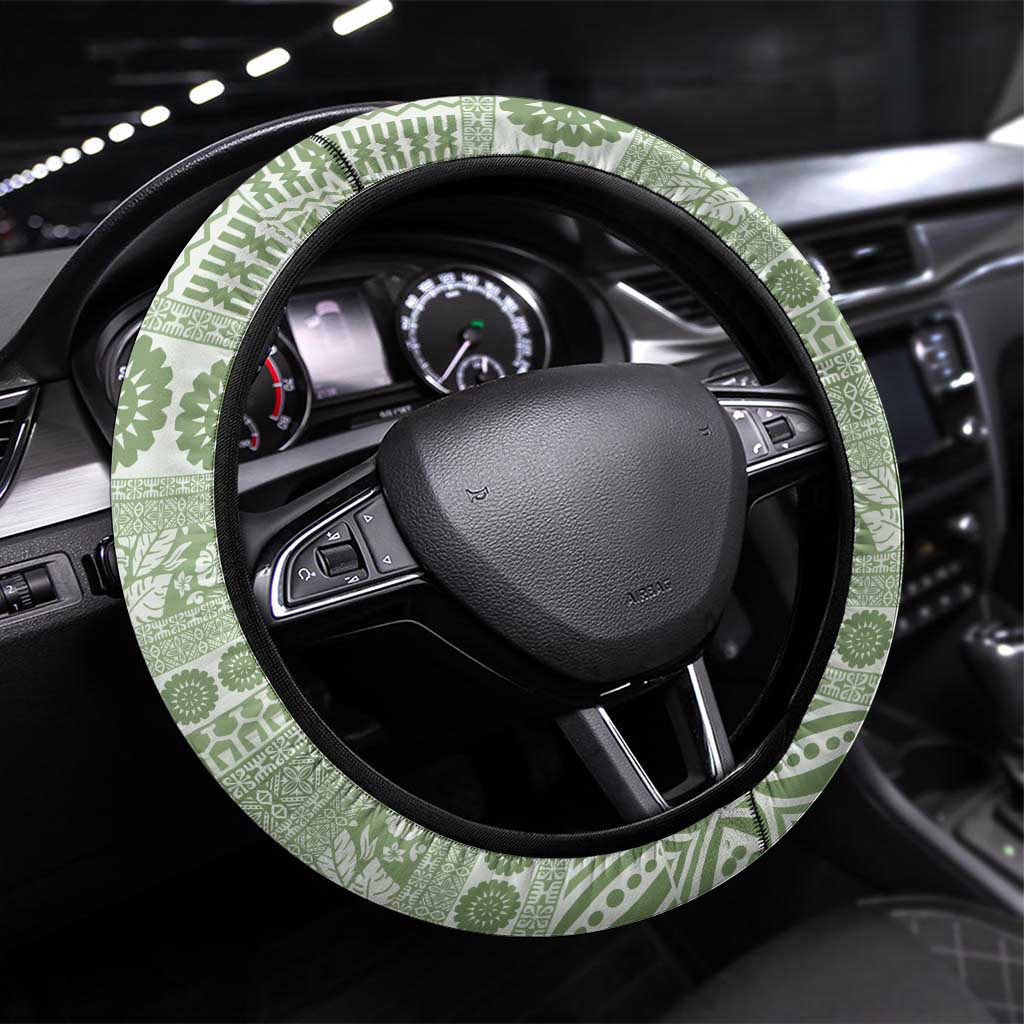 Fiji Marau na Kerisimasi Steering Wheel Cover Sage Green Tagimoucia Tapa Masi Tribal - Polynesian Pride