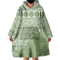 Fiji Marau na Kerisimasi Wearable Blanket Hoodie Sage Green Tagimoucia Tapa Masi Tribal - Polynesian Pride