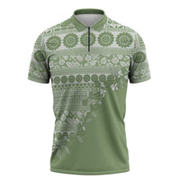 Fiji Marau na Kerisimasi Zipper Polo Shirt Sage Green Tagimoucia Tapa Masi Tribal - Polynesian Pride