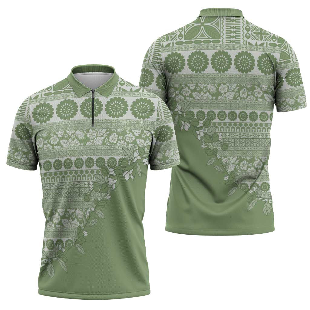 Fiji Marau na Kerisimasi Zipper Polo Shirt Sage Green Tagimoucia Tapa Masi Tribal - Polynesian Pride