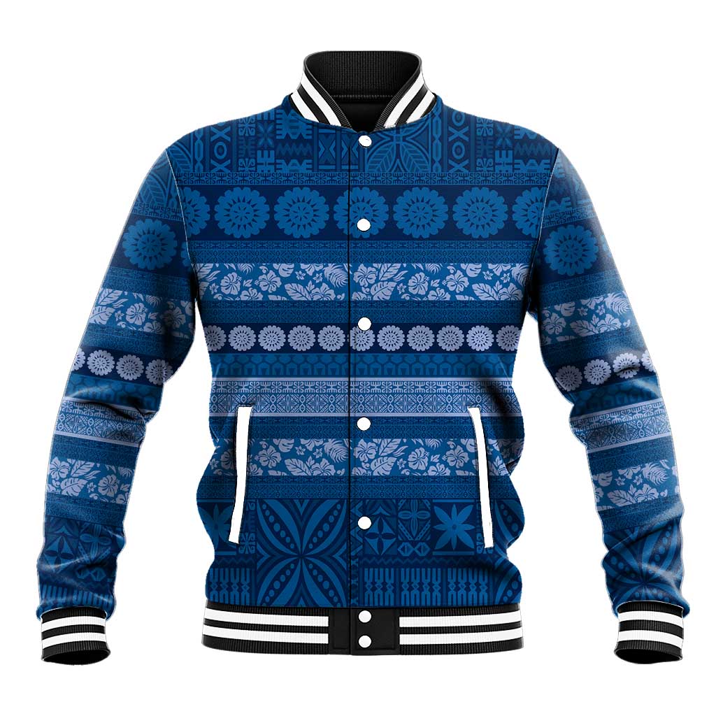 Fiji Marau na Kerisimasi Baseball Jacket Blue Tapa Masi Inspired Christmas - Polynesian Pride