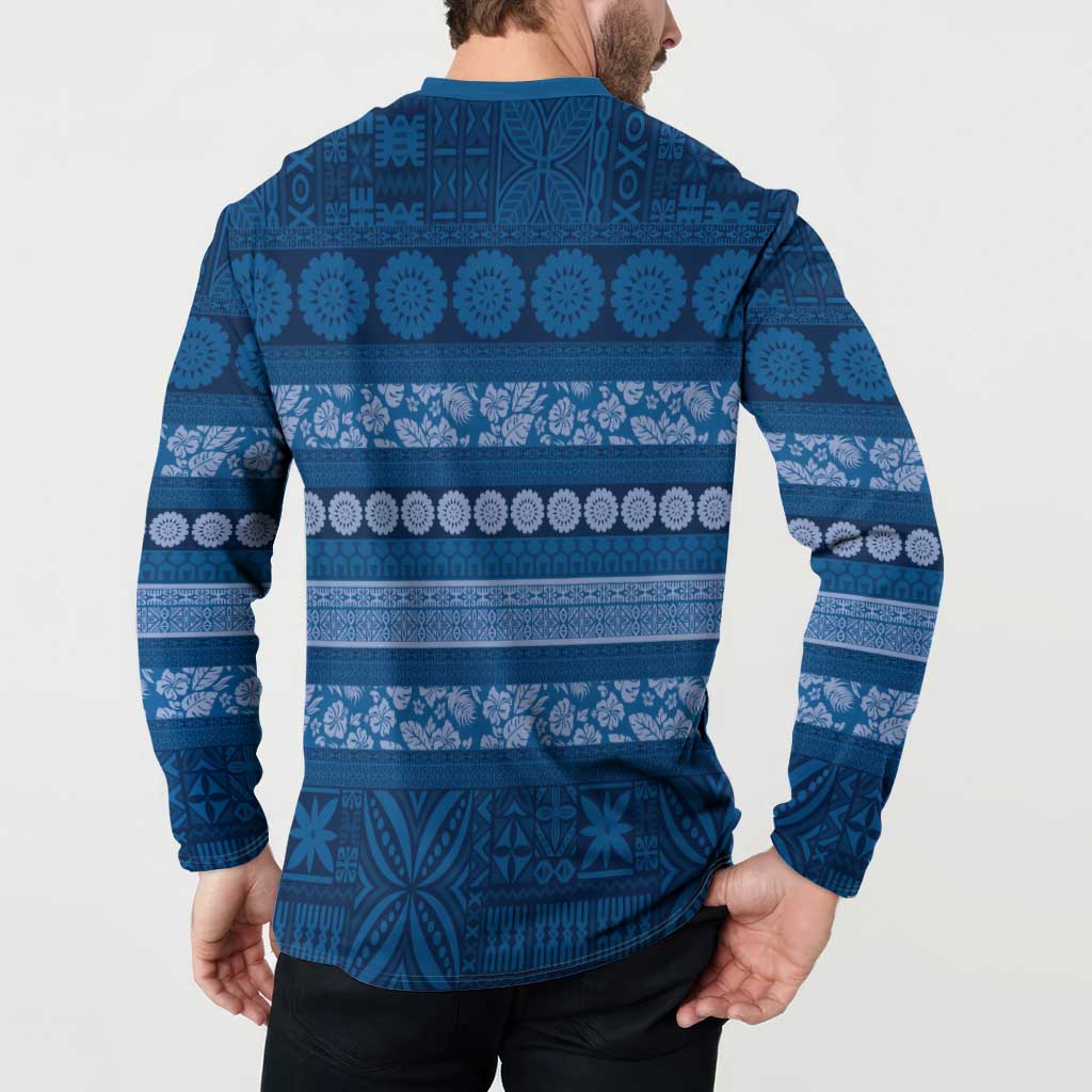 Fiji Marau na Kerisimasi Button Sweatshirt Blue Tapa Masi Inspired Christmas - Polynesian Pride