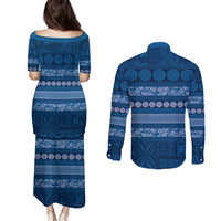 Fiji Marau na Kerisimasi Couples Matching Puletasi and Long Sleeve Button Shirt Blue Tapa Masi Inspired Christmas - Polynesian Pride