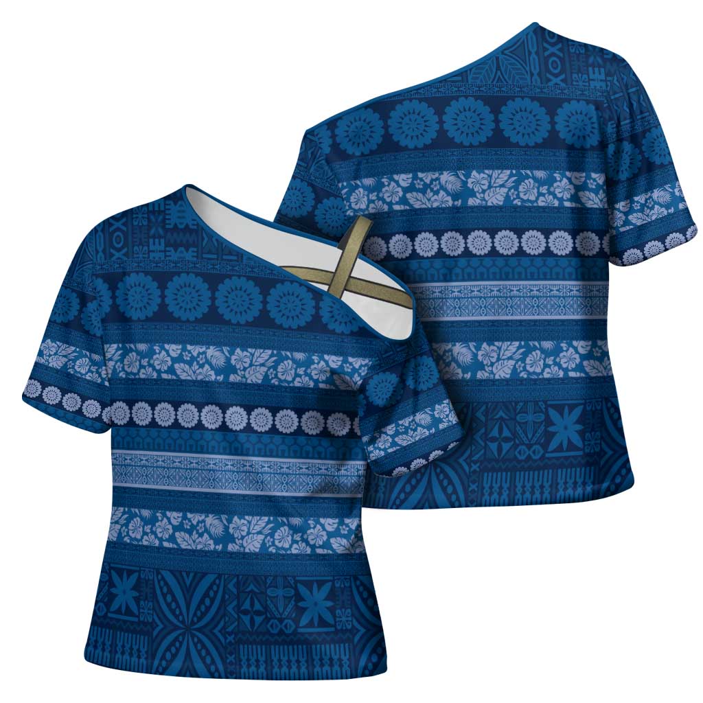 Fiji Marau na Kerisimasi Cross Shoulder Shirt Blue Tapa Masi Inspired Christmas - Polynesian Pride