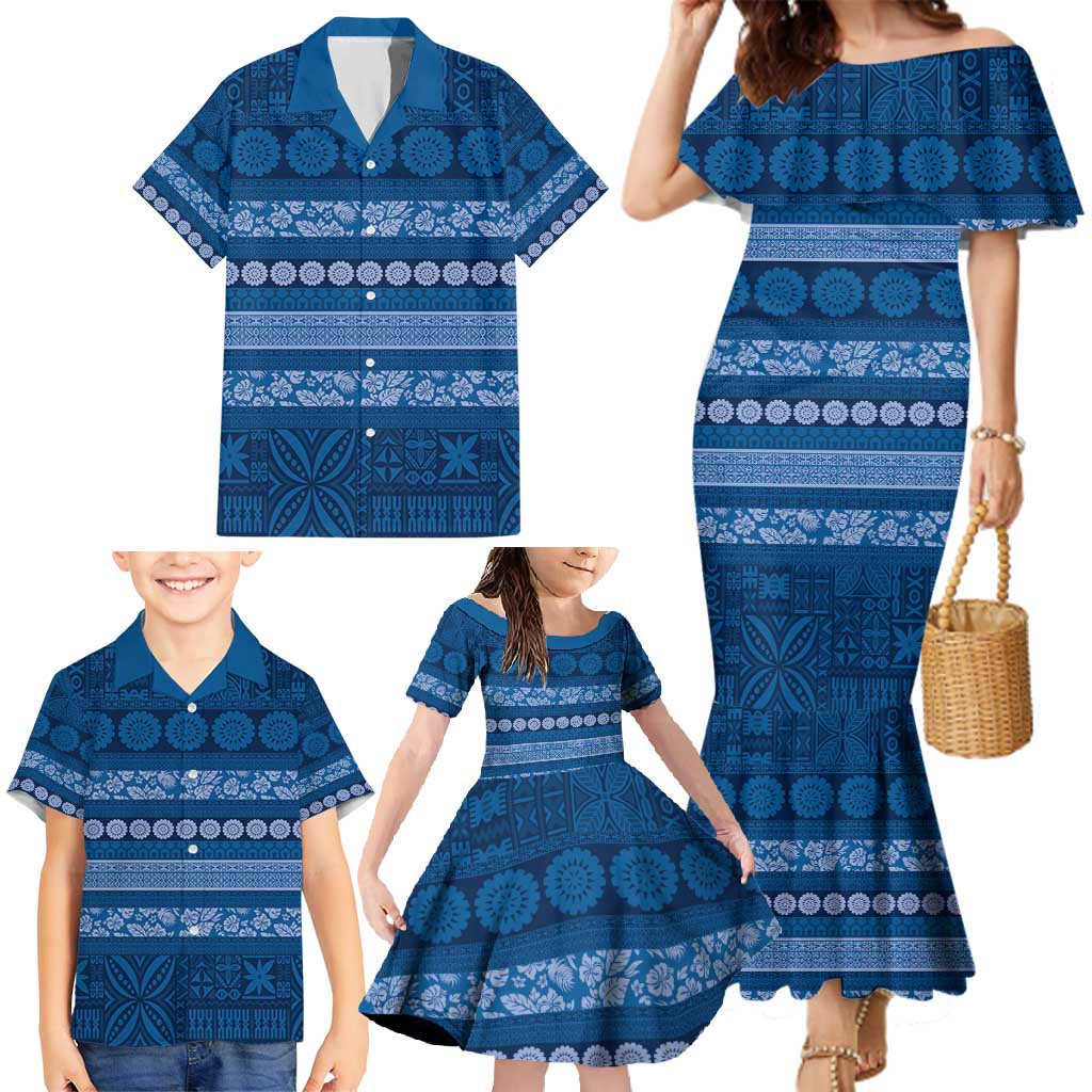 Fiji Marau na Kerisimasi Family Matching Mermaid Dress and Hawaiian Shirt Blue Tapa Masi Inspired Christmas - Polynesian Pride