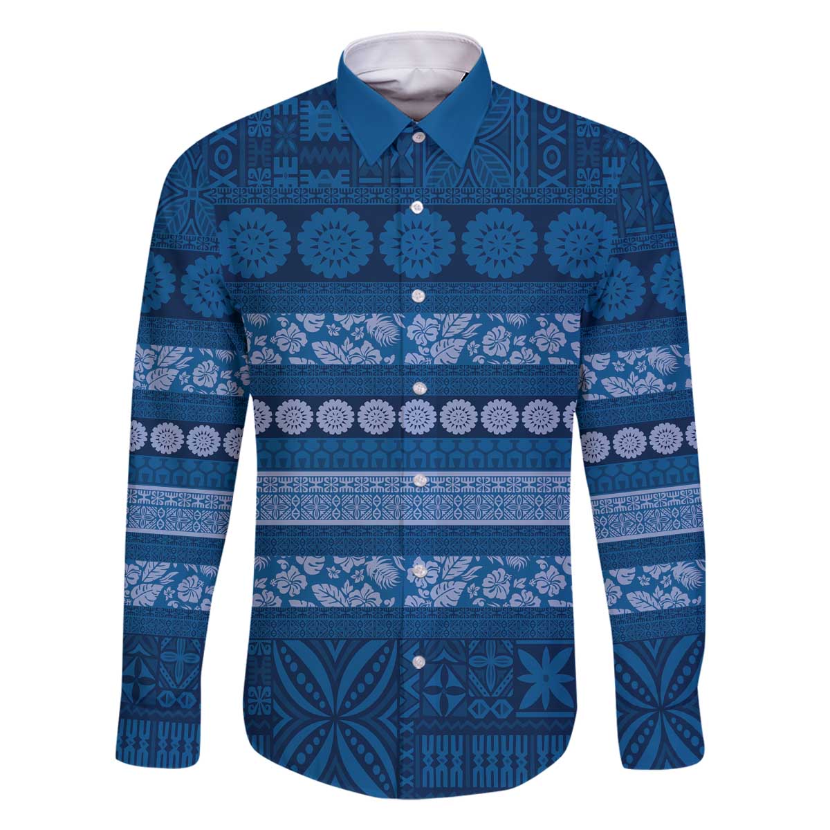Fiji Marau na Kerisimasi Family Matching Off The Shoulder Long Sleeve Dress and Hawaiian Shirt Blue Tapa Masi Inspired Christmas - Polynesian Pride