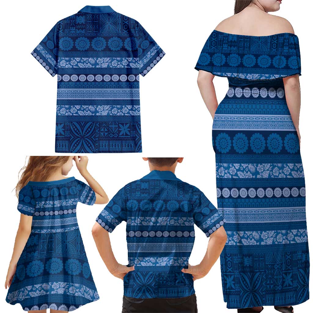 Fiji Marau na Kerisimasi Family Matching Off Shoulder Maxi Dress and Hawaiian Shirt Blue Tapa Masi Inspired Christmas - Polynesian Pride