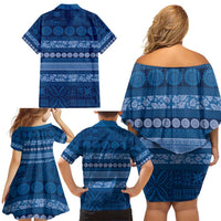Fiji Marau na Kerisimasi Family Matching Off Shoulder Short Dress and Hawaiian Shirt Blue Tapa Masi Inspired Christmas - Polynesian Pride