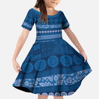 Fiji Marau na Kerisimasi Kid Short Sleeve Dress Blue Tapa Masi Inspired Christmas - Polynesian Pride