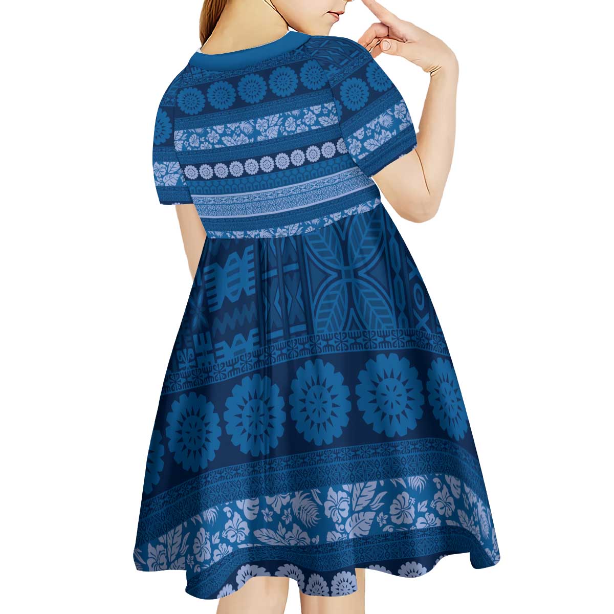 Fiji Marau na Kerisimasi Kid Short Sleeve Dress Blue Tapa Masi Inspired Christmas - Polynesian Pride