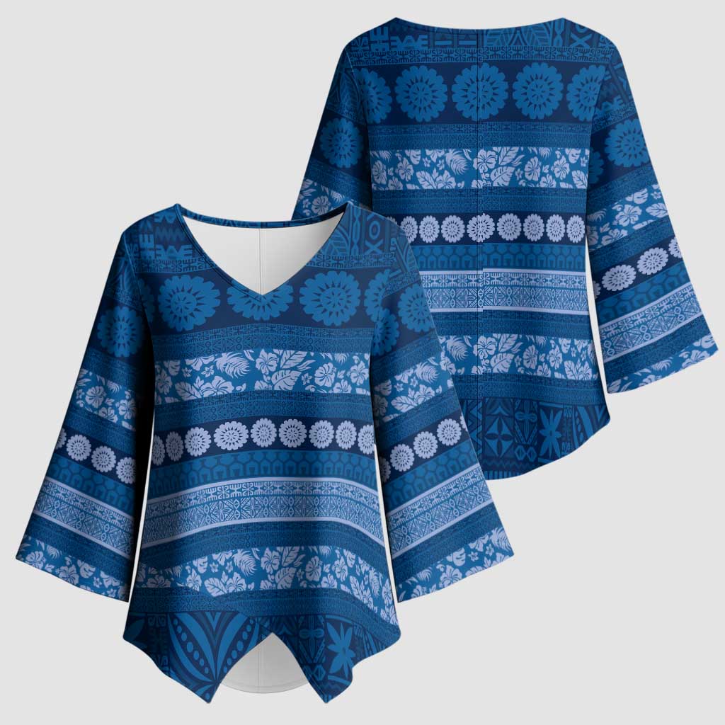 Fiji Marau na Kerisimasi Kimono Sleeve Blouse Blue Tapa Masi Inspired Christmas - Polynesian Pride