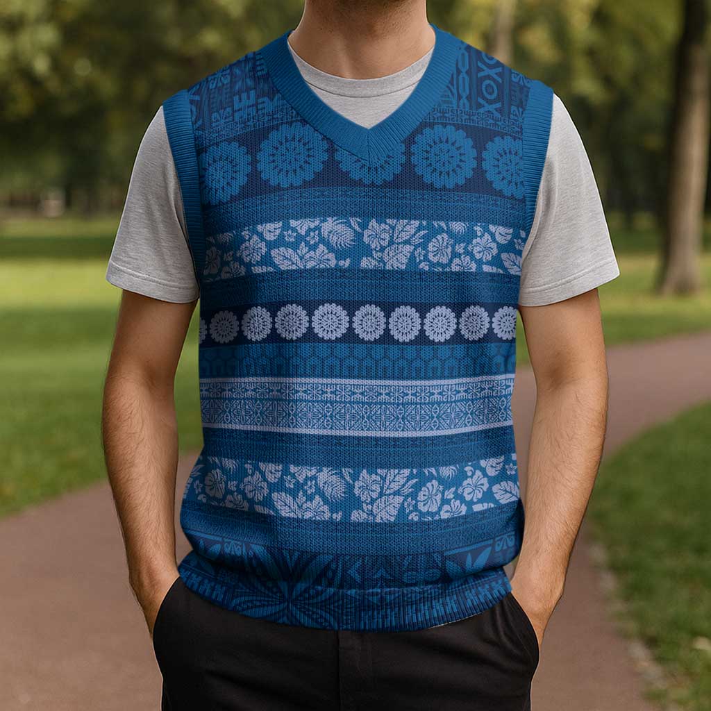 Fiji Marau na Kerisimasi Christmas Knitted V-Neck Vest Blue Tapa Masi Inspired Christmas - Polynesian Pride