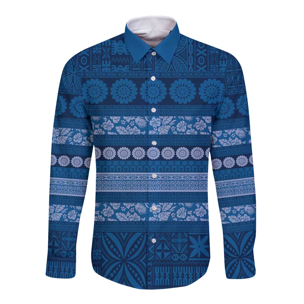 Fiji Marau na Kerisimasi Long Sleeve Button Shirt Blue Tapa Masi Inspired Christmas - Polynesian Pride