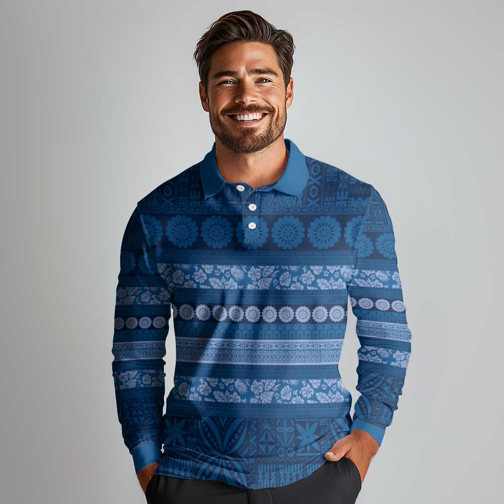 Fiji Marau na Kerisimasi Long Sleeve Polo Shirt Blue Tapa Masi Inspired Christmas - Polynesian Pride