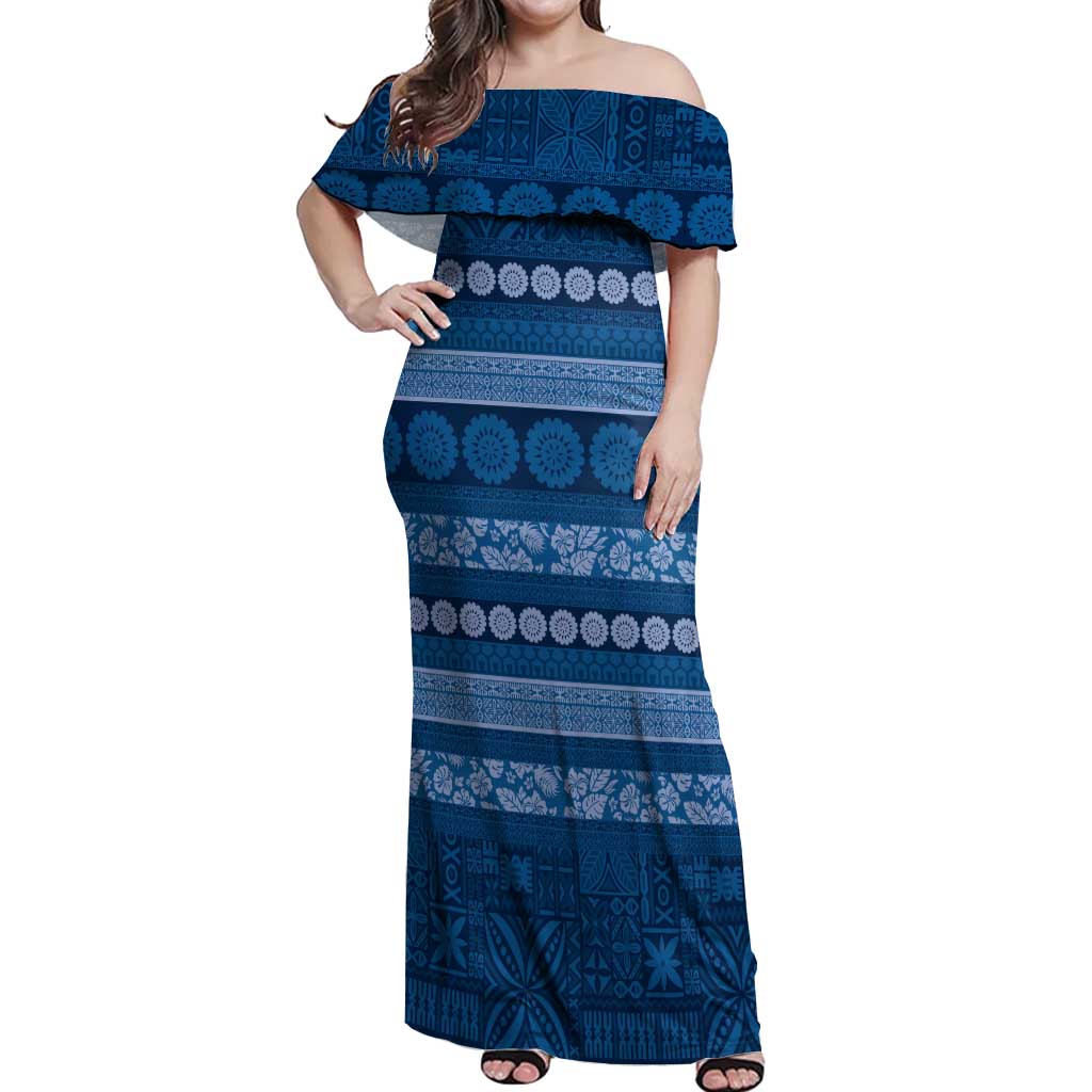 Fiji Marau na Kerisimasi Off Shoulder Maxi Dress Blue Tapa Masi Inspired Christmas - Polynesian Pride