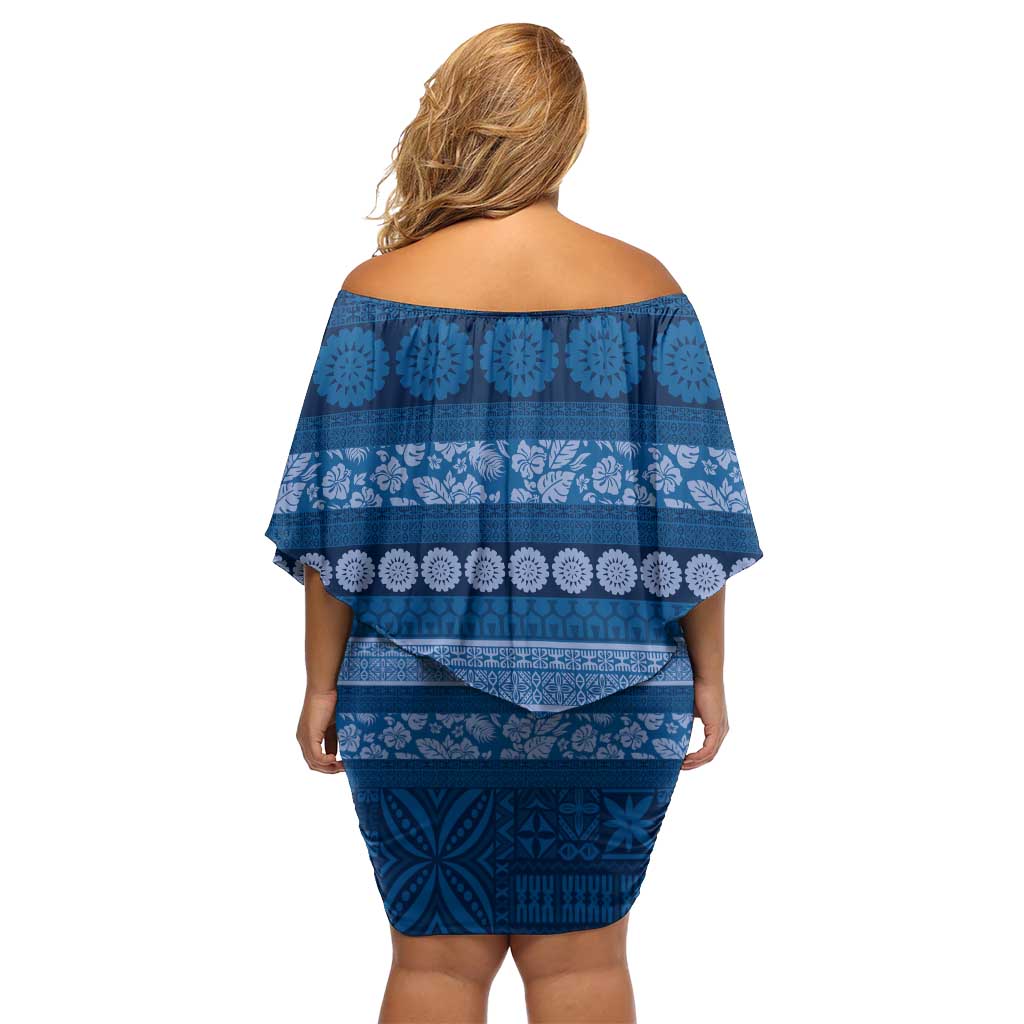 Fiji Marau na Kerisimasi Off Shoulder Short Dress Blue Tapa Masi Inspired Christmas - Polynesian Pride