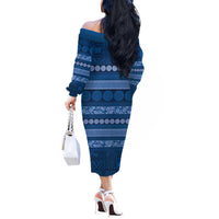 Fiji Marau na Kerisimasi Off The Shoulder Long Sleeve Dress Blue Tapa Masi Inspired Christmas - Polynesian Pride