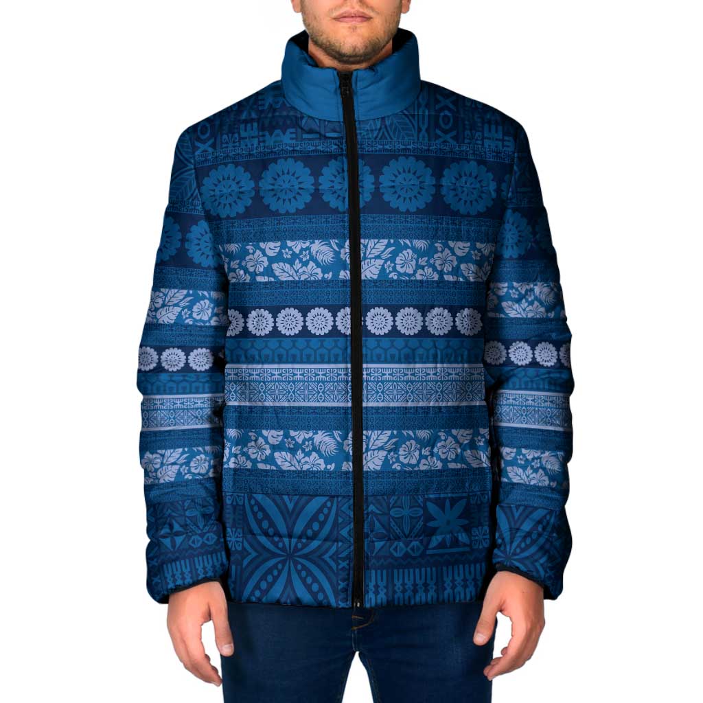 Fiji Marau na Kerisimasi Padded Jacket Blue Tapa Masi Inspired Christmas - Polynesian Pride