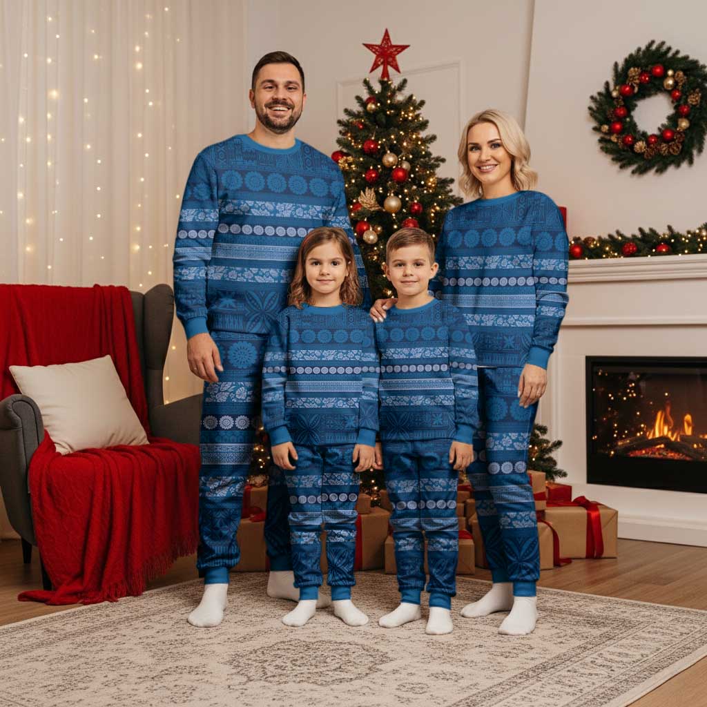 Fiji Marau na Kerisimasi Christmas Pajama Set Blue Tapa Masi Inspired Christmas - Polynesian Pride