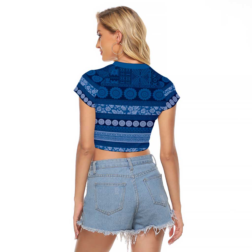 Fiji Marau na Kerisimasi Raglan Cropped T Shirt Blue Tapa Masi Inspired Christmas - Polynesian Pride