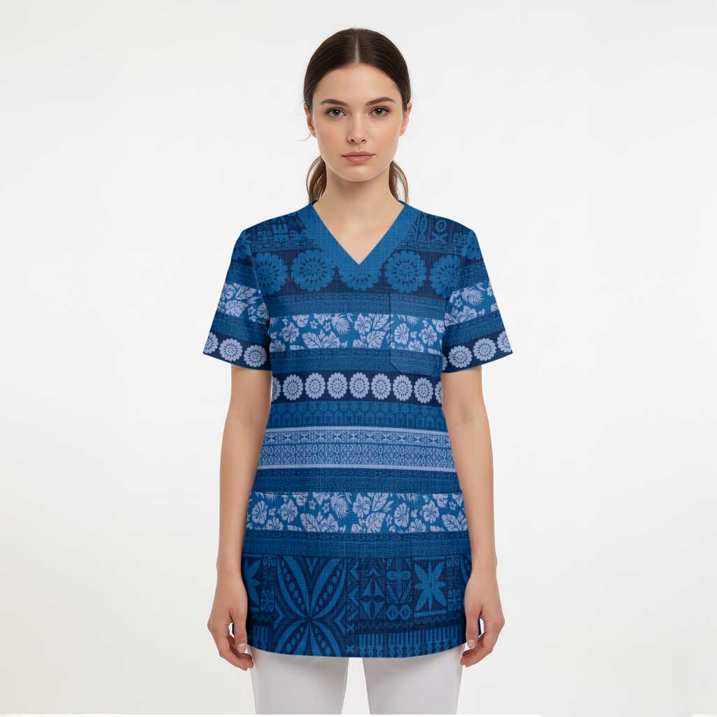 Fiji Marau na Kerisimasi Scrub Top Blue Tapa Masi Inspired Christmas - Polynesian Pride