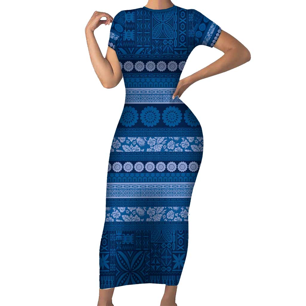 Fiji Marau na Kerisimasi Short Sleeve Bodycon Dress Blue Tapa Masi Inspired Christmas - Polynesian Pride