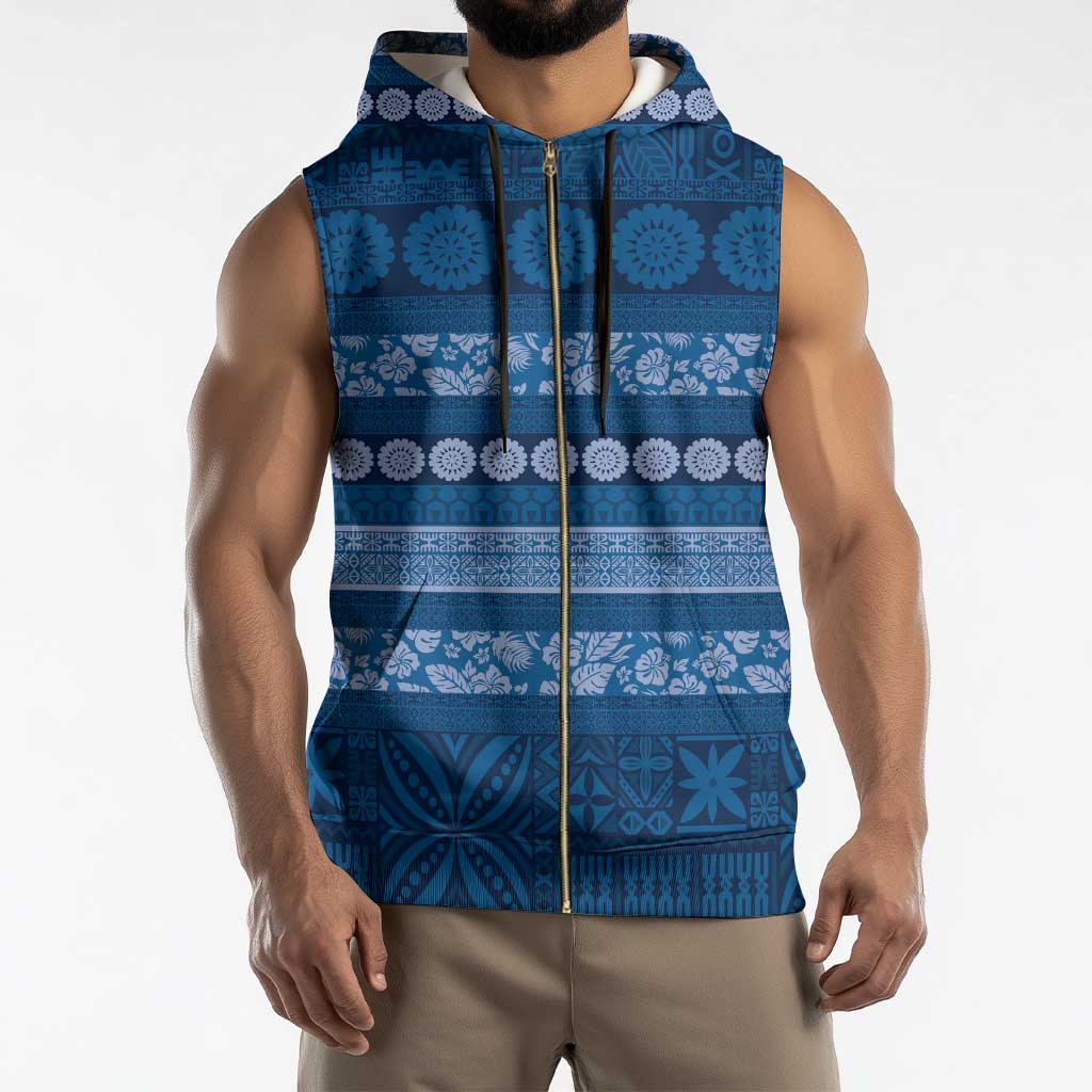 Fiji Marau na Kerisimasi Sleeveless Zip Hoodie Blue Tapa Masi Inspired Christmas - Polynesian Pride