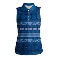 Fiji Marau na Kerisimasi Women Sleeveless Polo Shirt Blue Tapa Masi Inspired Christmas - Polynesian Pride