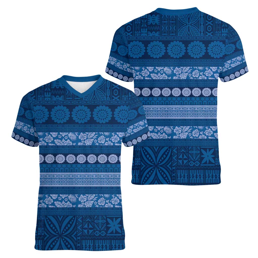 Fiji Marau na Kerisimasi Women V-Neck T-Shirt Blue Tapa Masi Inspired Christmas - Polynesian Pride
