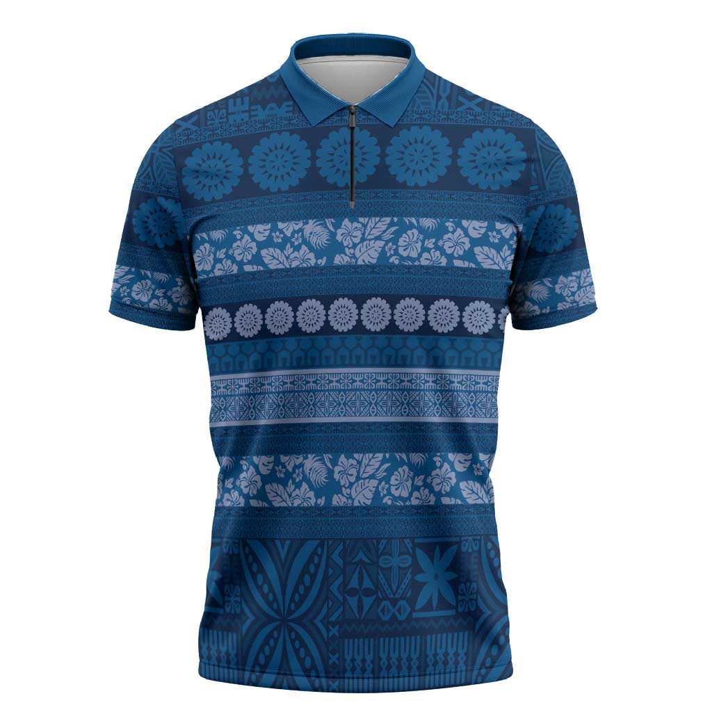 Fiji Marau na Kerisimasi Zipper Polo Shirt Blue Tapa Masi Inspired Christmas - Polynesian Pride